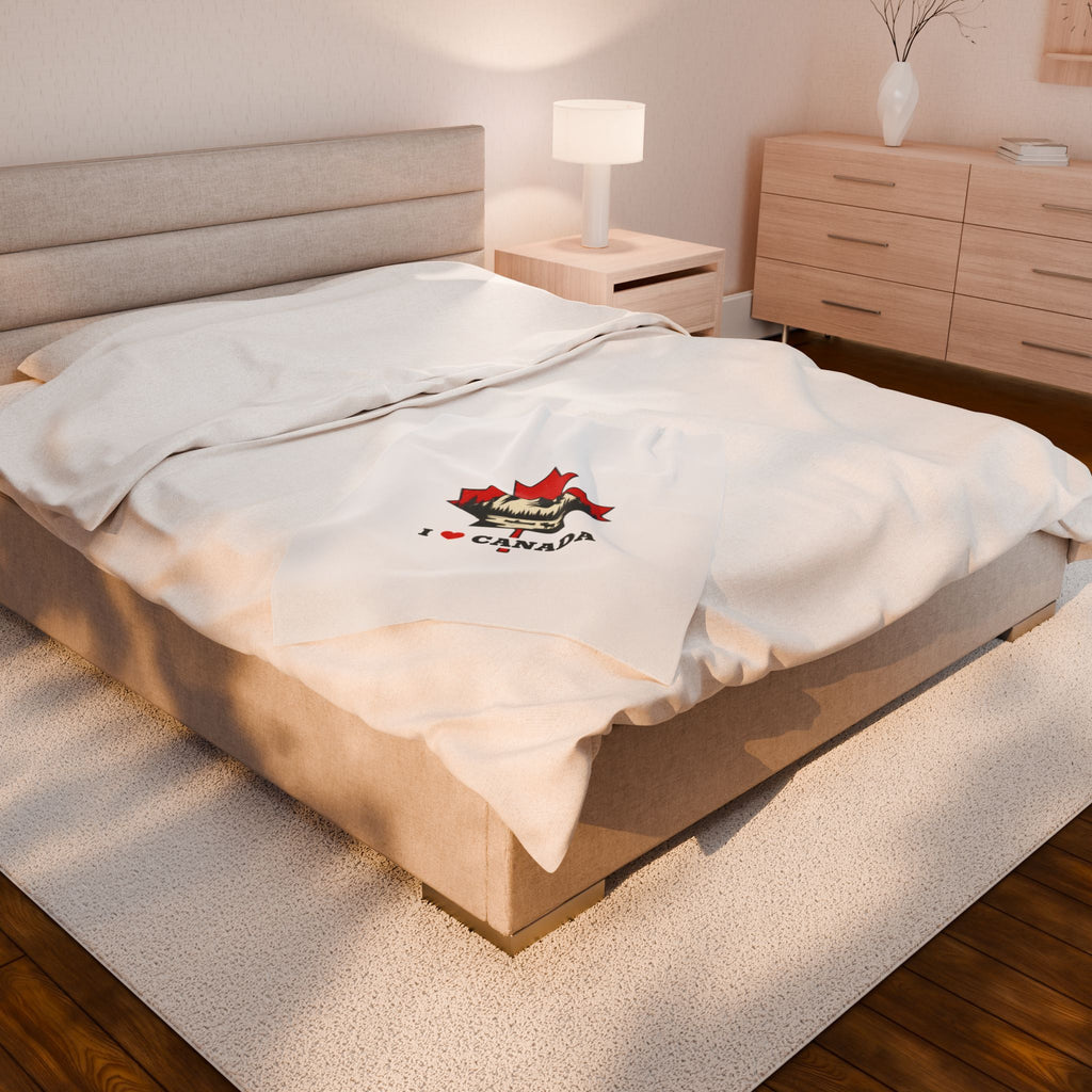 Love CANADA Velveteen Plush Blanket | Minimalist Maple Leaf, Bold Text