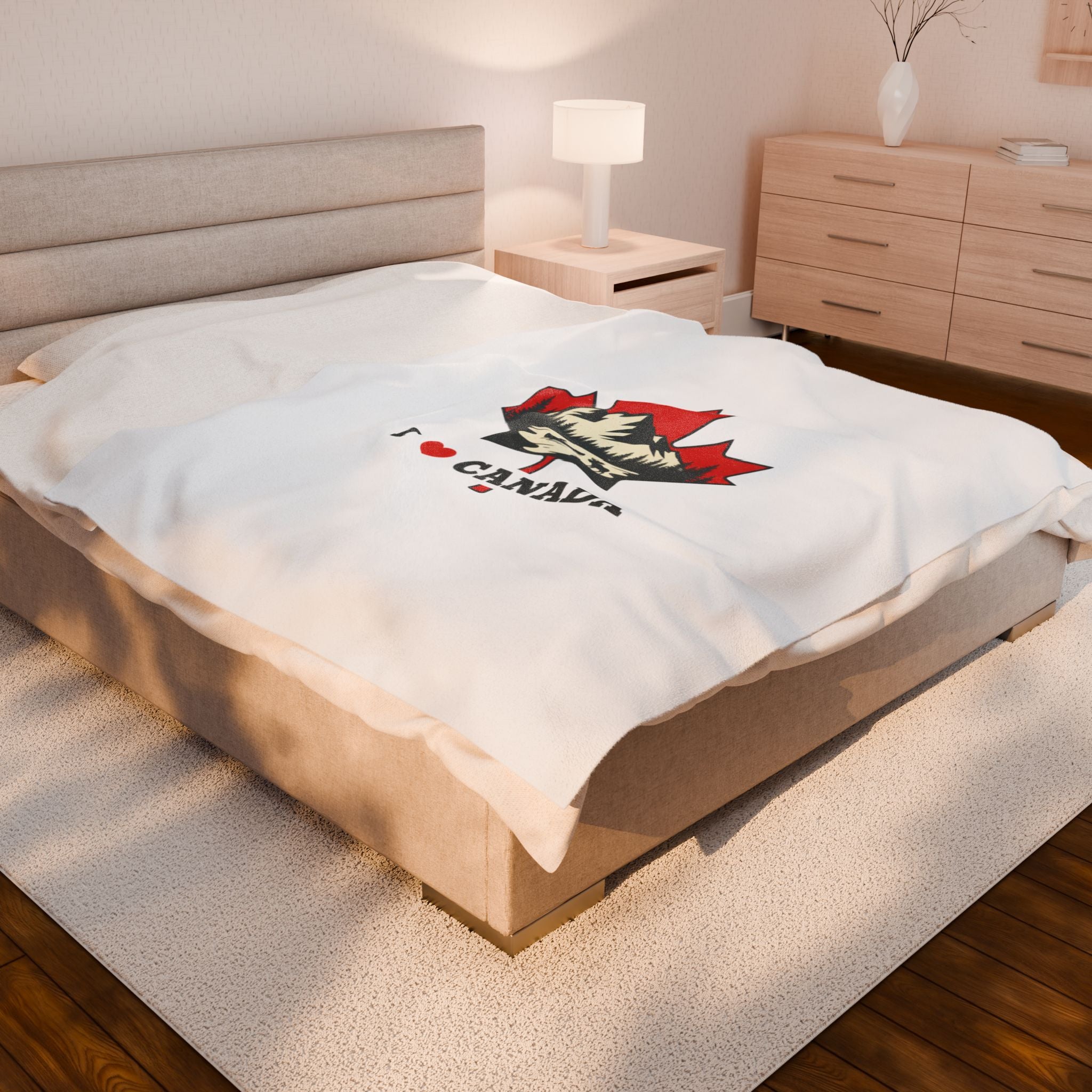 Love CANADA Velveteen Plush Blanket | Minimalist Maple Leaf, Bold Text