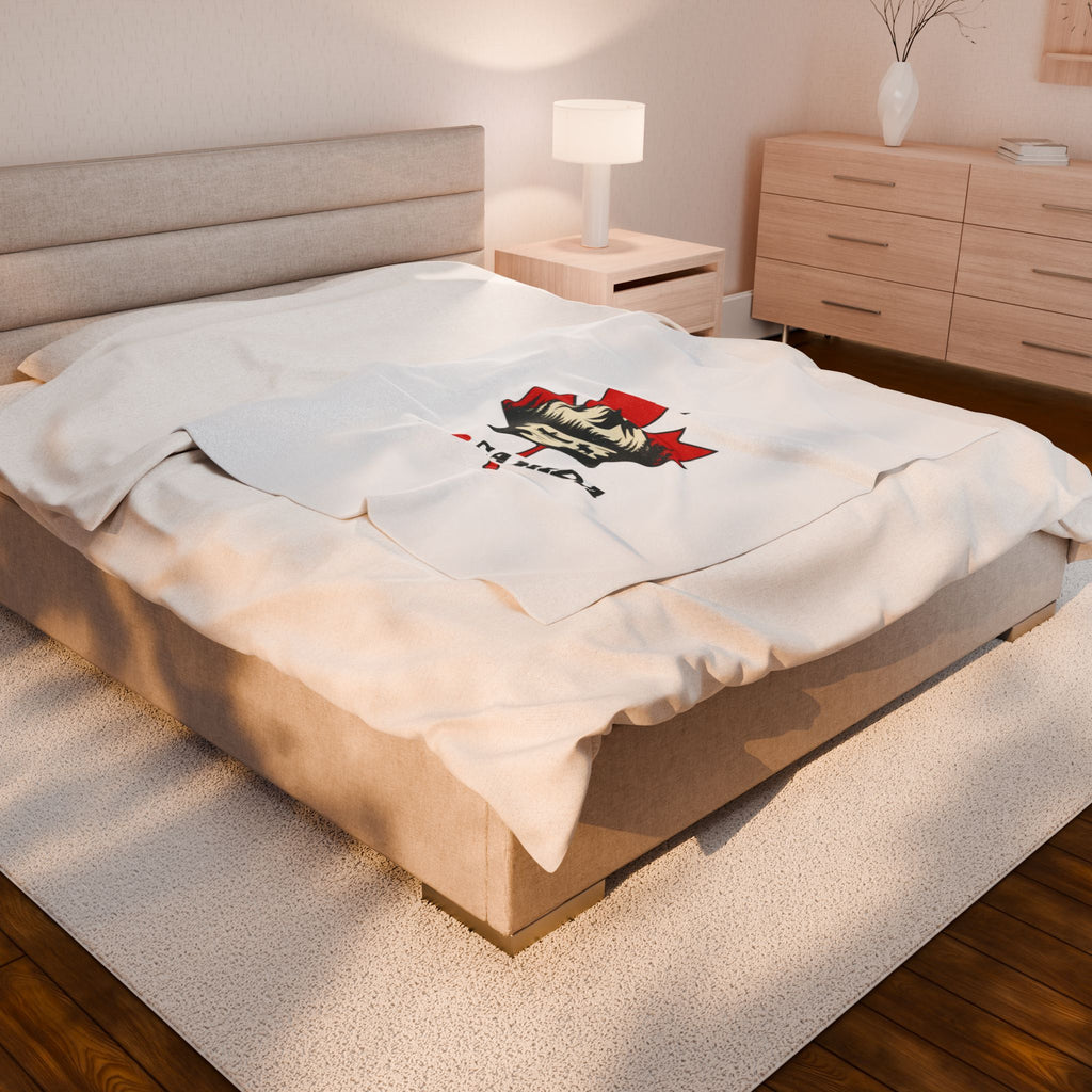 Love CANADA Velveteen Plush Blanket | Minimalist Maple Leaf, Bold Text