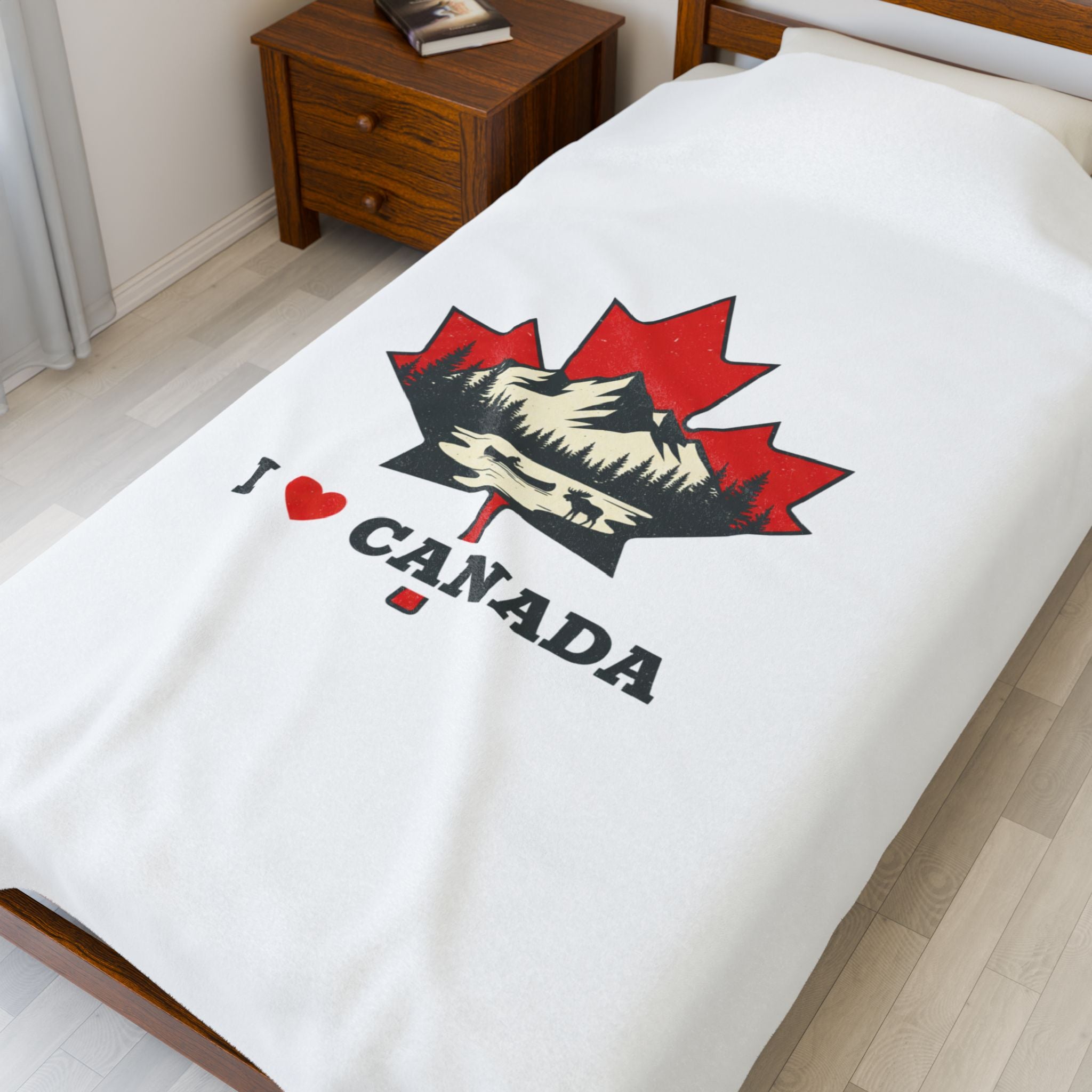 Love CANADA Velveteen Plush Blanket | Minimalist Maple Leaf, Bold Text