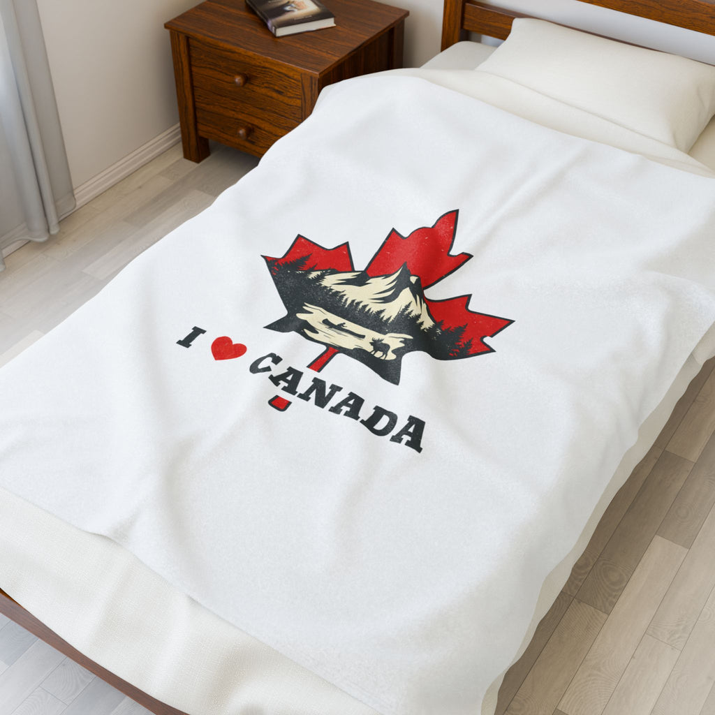 Love CANADA Velveteen Plush Blanket | Minimalist Maple Leaf, Bold Text