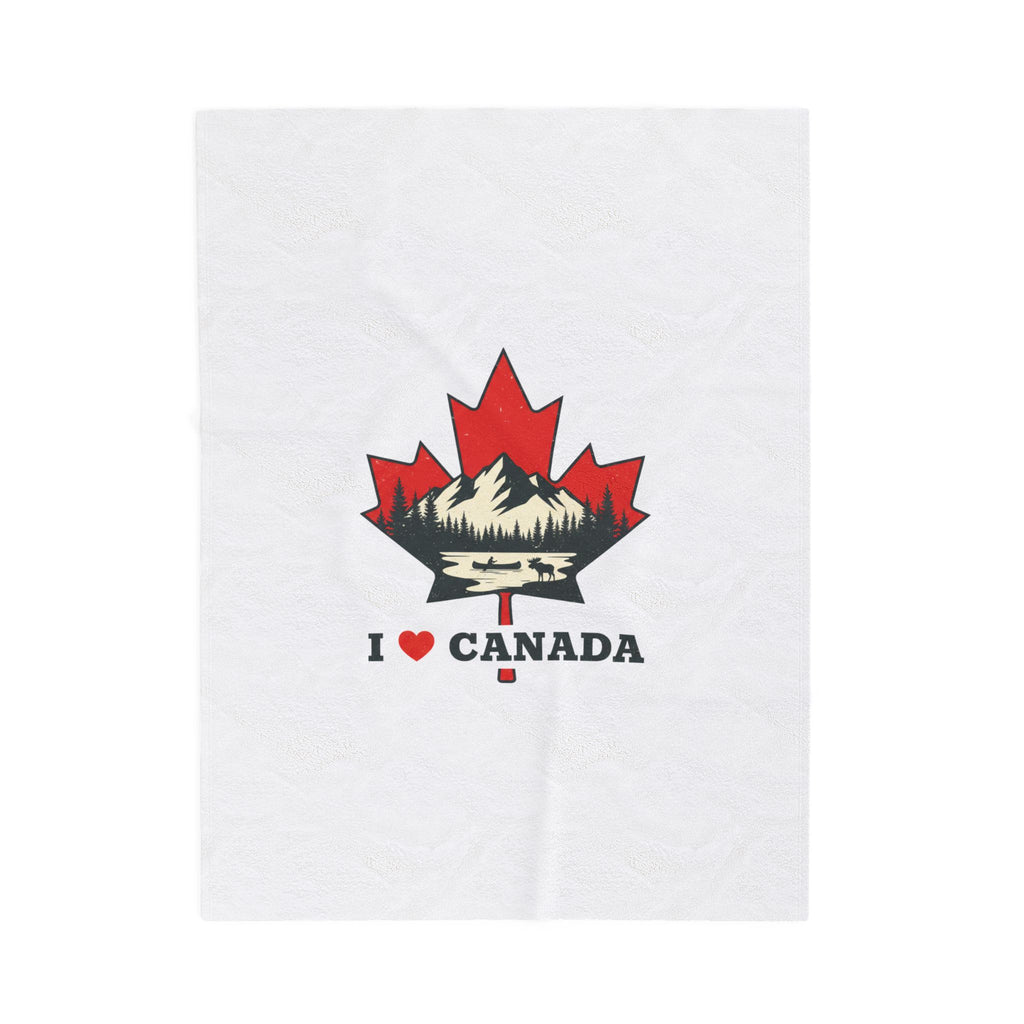 Love CANADA Velveteen Plush Blanket | Minimalist Maple Leaf, Bold Text