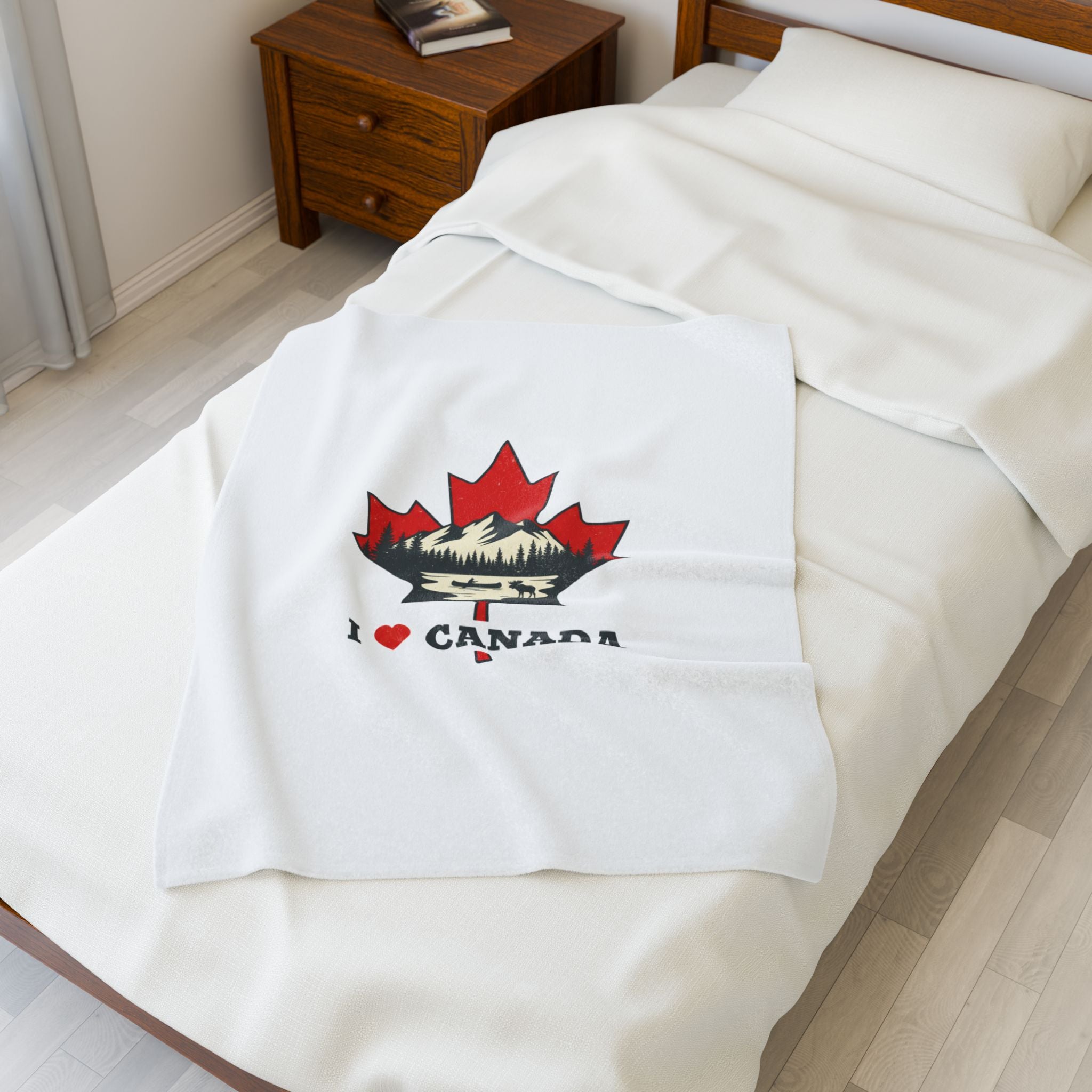 Love CANADA Velveteen Plush Blanket | Minimalist Maple Leaf, Bold Text
