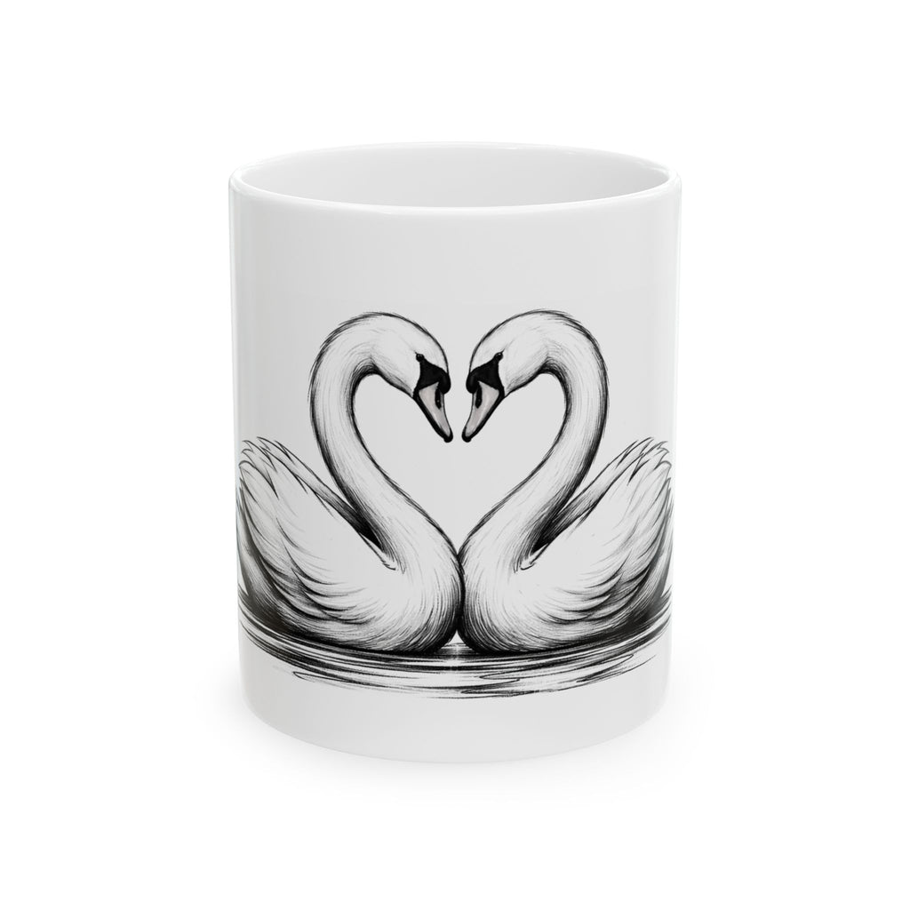 Swan Heart Ceramic Mug — Romantic Black & White Swan Art Coffee Cup (11oz, 15oz)