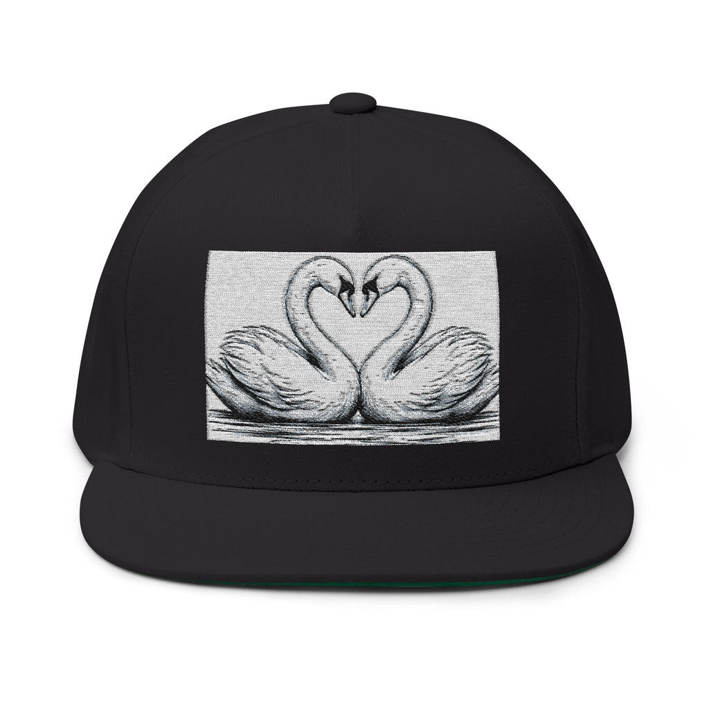 Swans Heart Embroidered Flat Bill Cap — Romantic Swan Couple Baseball Hat
